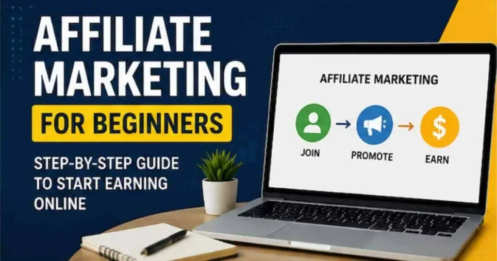 Beginner affiliate marketing strategy illustration with laptop, commission earnings chart, and digital marketing icons