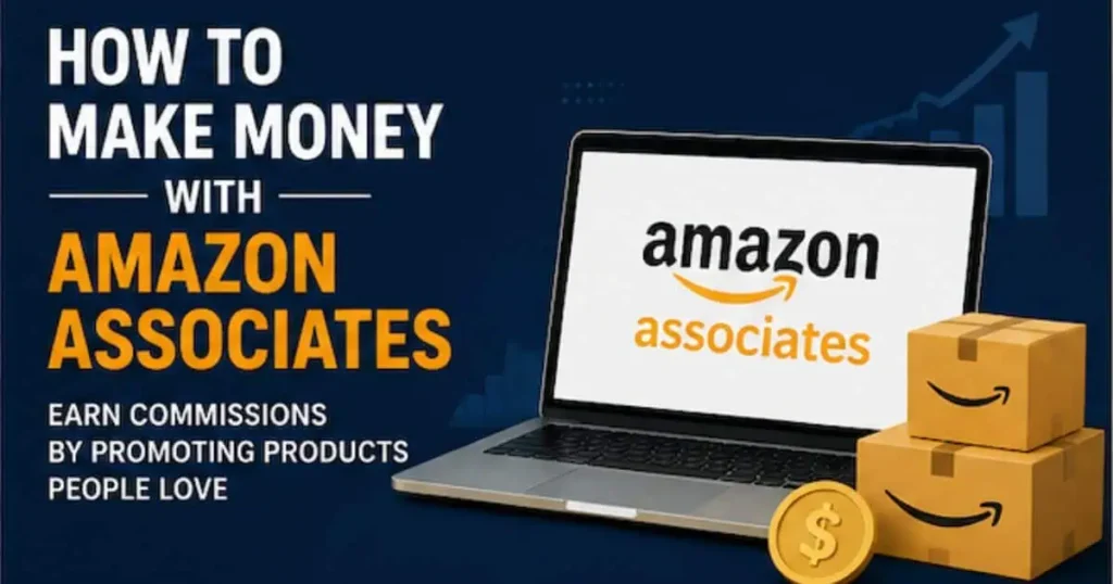 How to make money with Amazon Associates concept showing laptop, Amazon affiliate dashboard, and online commission earnings chart