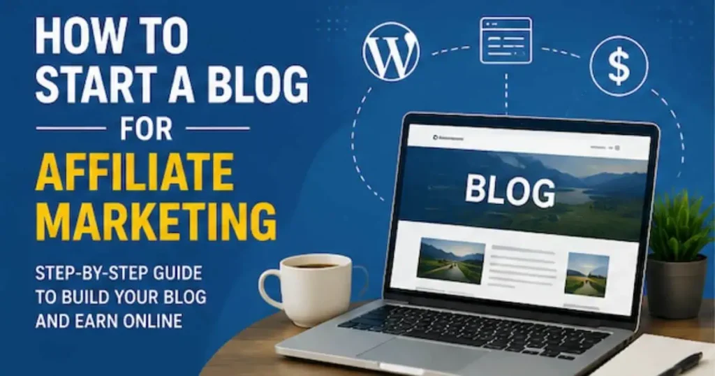 How to start a blog concept showing laptop with blog editor, website design interface, and content creation tools